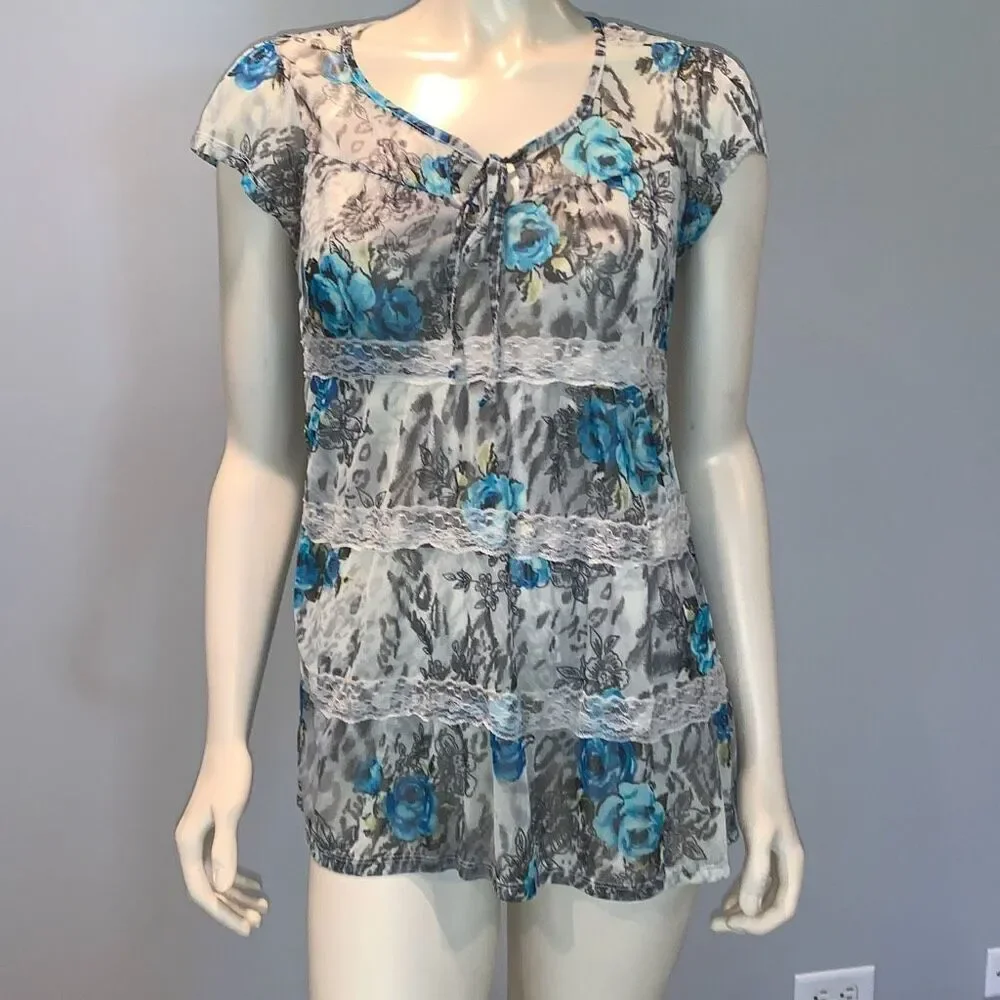 Vintage 90’s Y2K Self Esteem Sheer Chiffon Tiered‎ Lace Babydoll Top Size Large